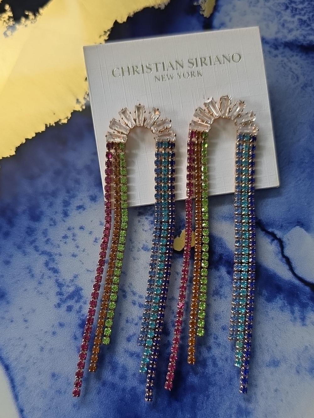 New Rainbow Crystal Christian Siriano Rainbow Crystal Fringe Statement Earrings